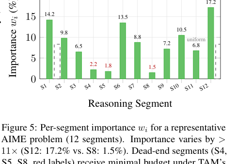 Figure 3: 代表的なAIME問題における各推論セグメントの重要度（wi）のばらつきを示す棒グラフ。