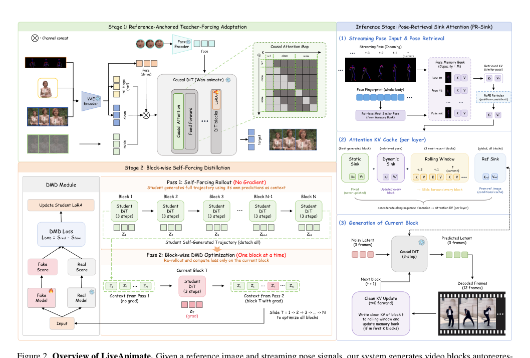 Figure 1: LiveAnimateの全体フレームワークを示す図であり、参照画像とストリーミングポーズ信号からビデオブロックを自己回帰的に生成するパイプラインを表しています。
