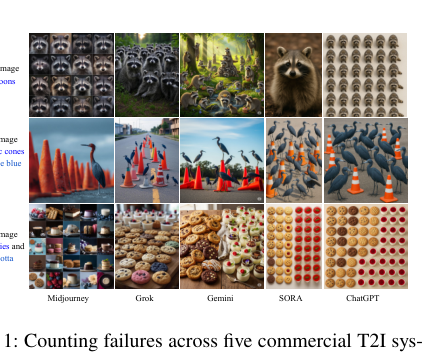 Figure 1: 五つの商用T2Iシステムにおけるカウント失敗の例を示す図版。