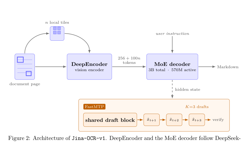 Figure 2: Jina-OCR-v1の全体的なアーキテクチャとFastMTPによるドラフト生成の流れを示す図です。