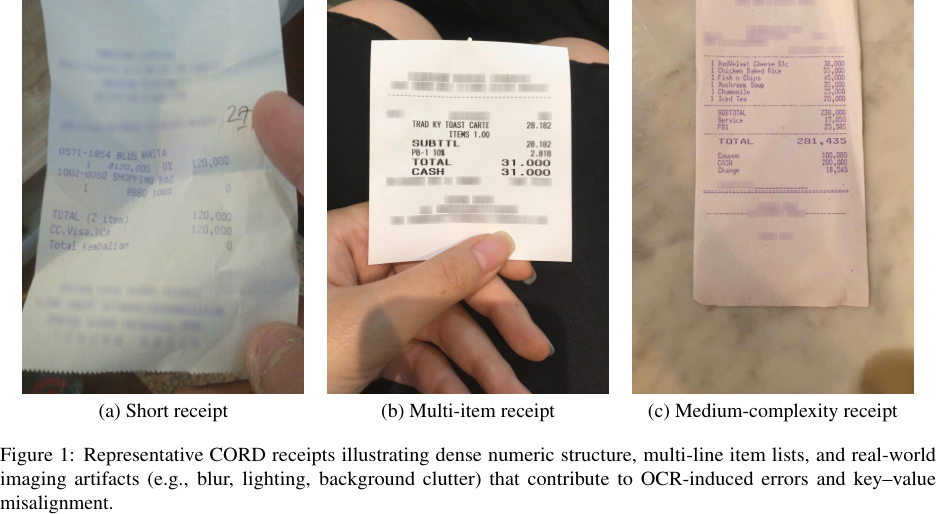 Figure 1: 様々な構造的複雑さやノイズを示す代表的なCORDレシートの例。