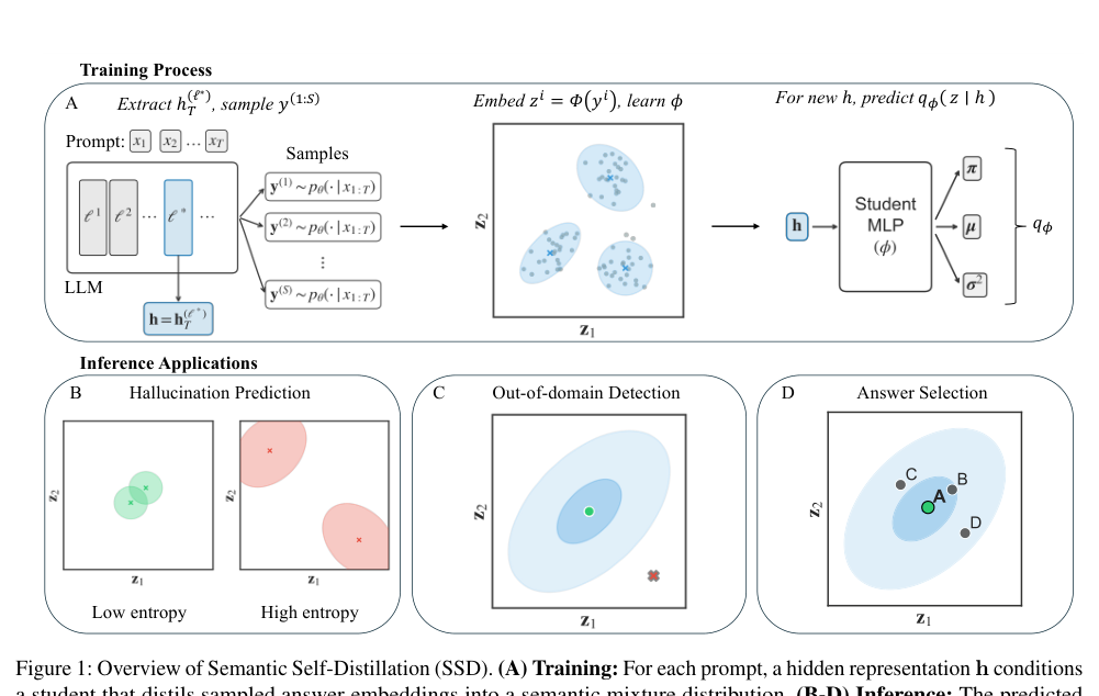 Figure 1: セマンティック自己蒸留（SSD）の全体像を示す学習プロセスおよび推論アプリケーションの概要図。