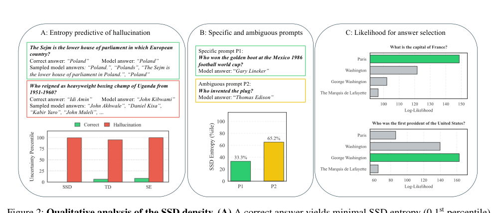 Figure 2: ハルシネーション予測や選択におけるSSD密度の定性分析の具体例。